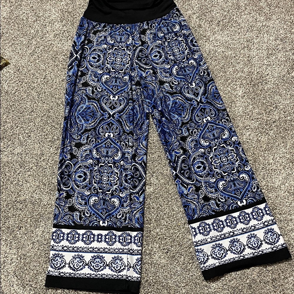 Apt. 9 Black and Blue Patterned Wide-Leg Pants